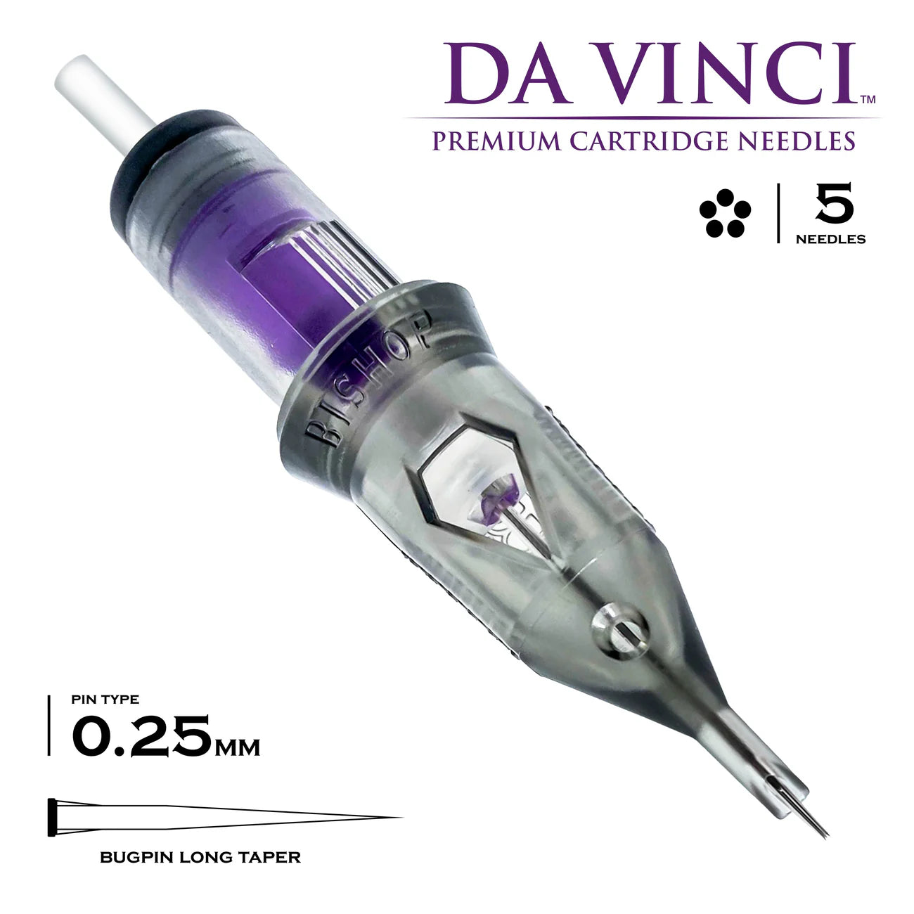 Da Vinci premium cartridge needle with purple component on a white background