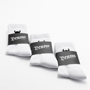 Three pairs of white Demons crew socks in their branded paper bands