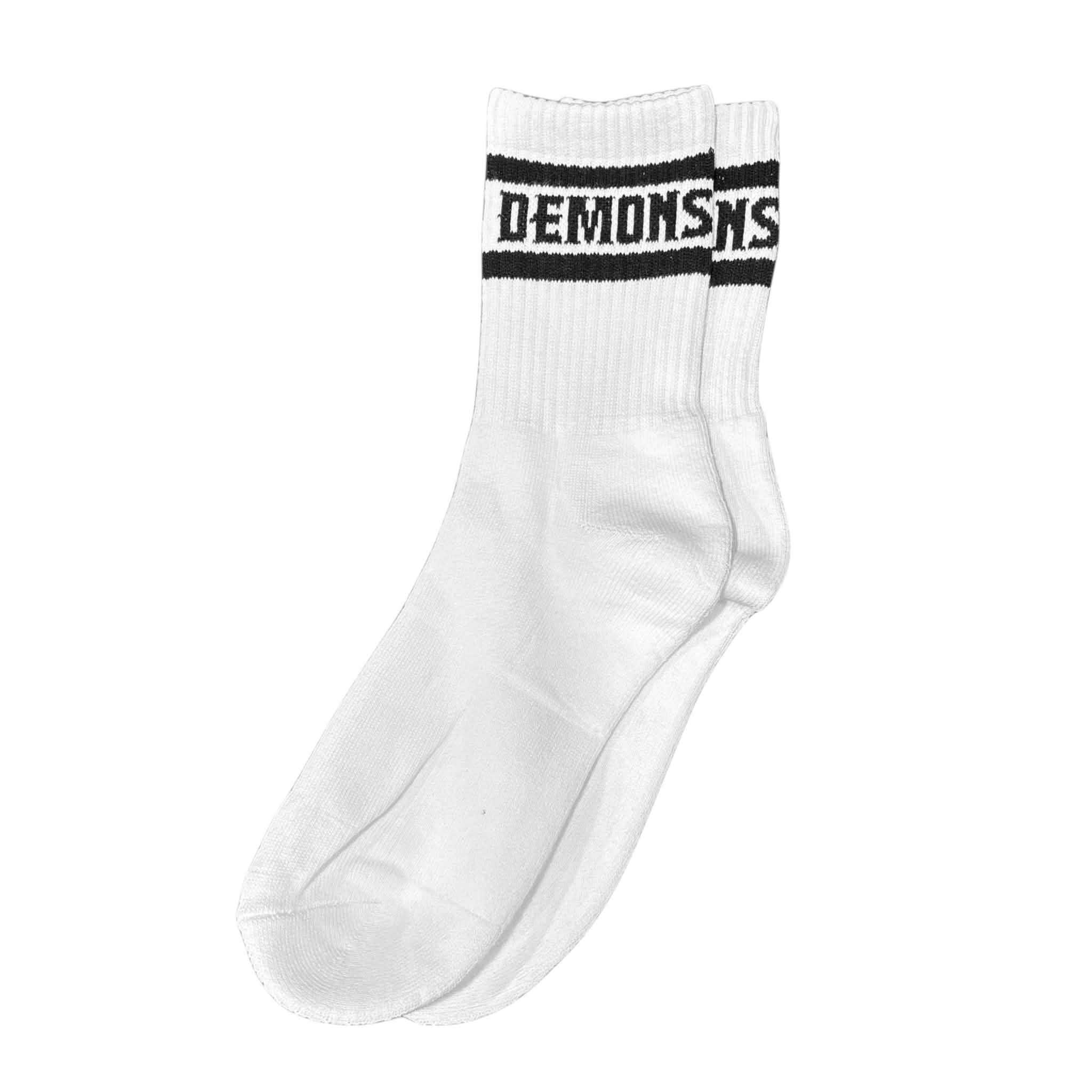 One pair of Demons white crew socks with the DEMONS wordmark on the black cuff band