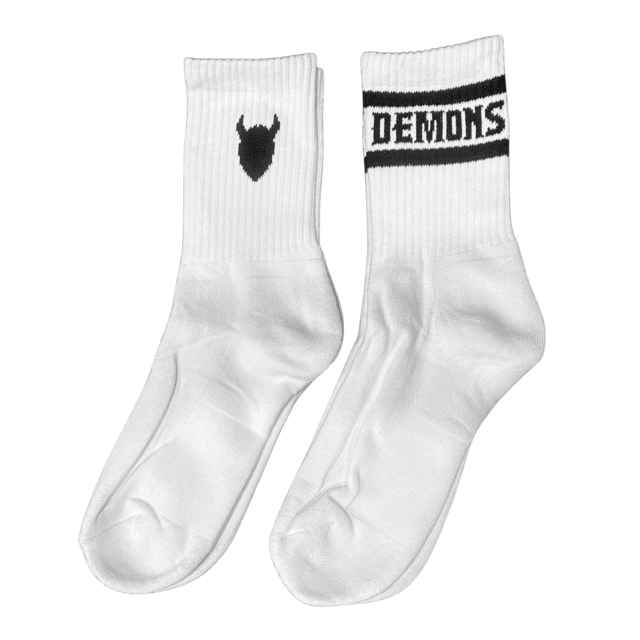 Demons white crew socks, the horned head design beside the DEMONS wordmark design