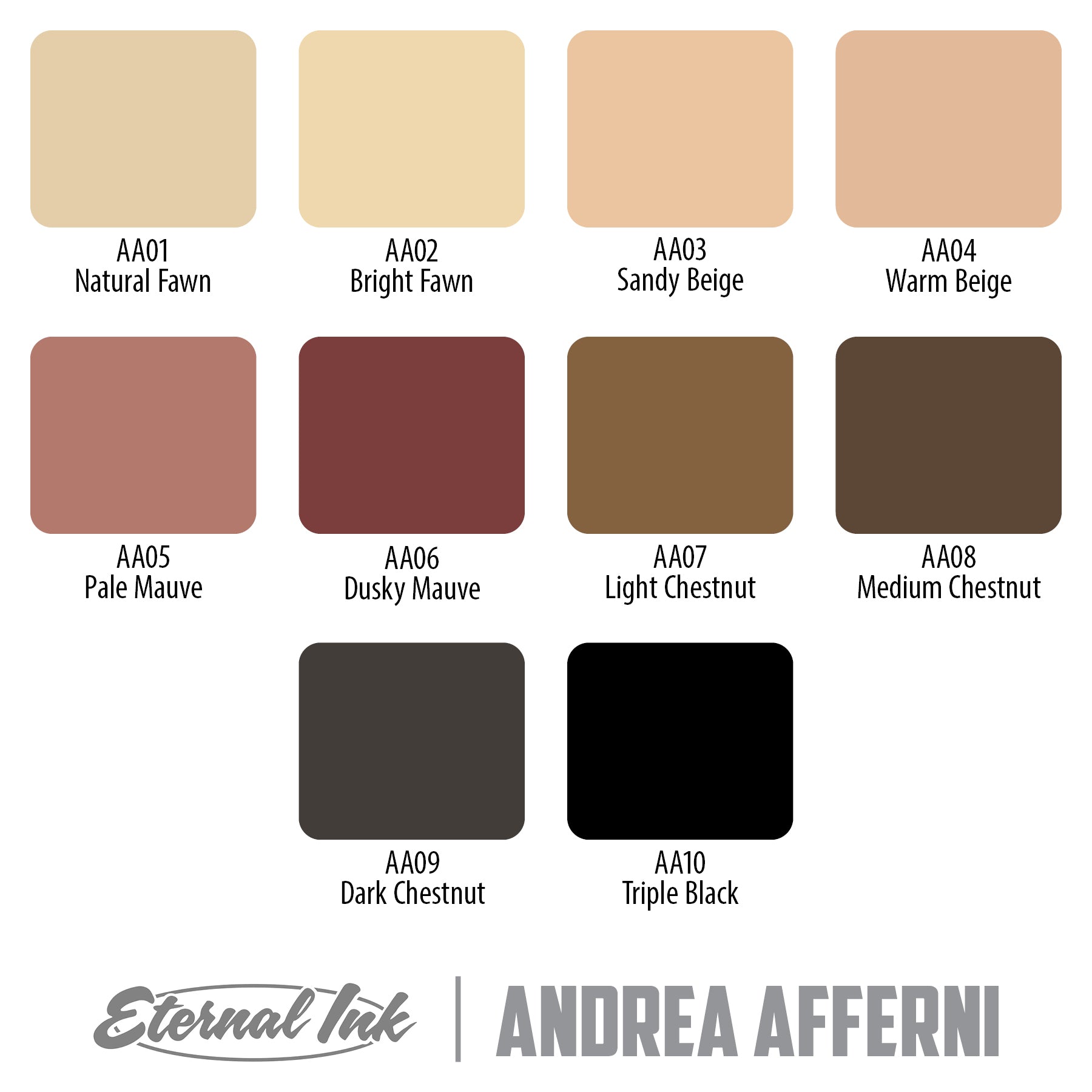 Eternal Ink Andrea Afferni ink swatches with colour names — BNG Tattoo Supply