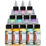 Coffret Eternal Ink Halo Fifth Dimension, les 12 flacons d'encre de tatouage de 1oz alignés — BNG Tattoo Supply