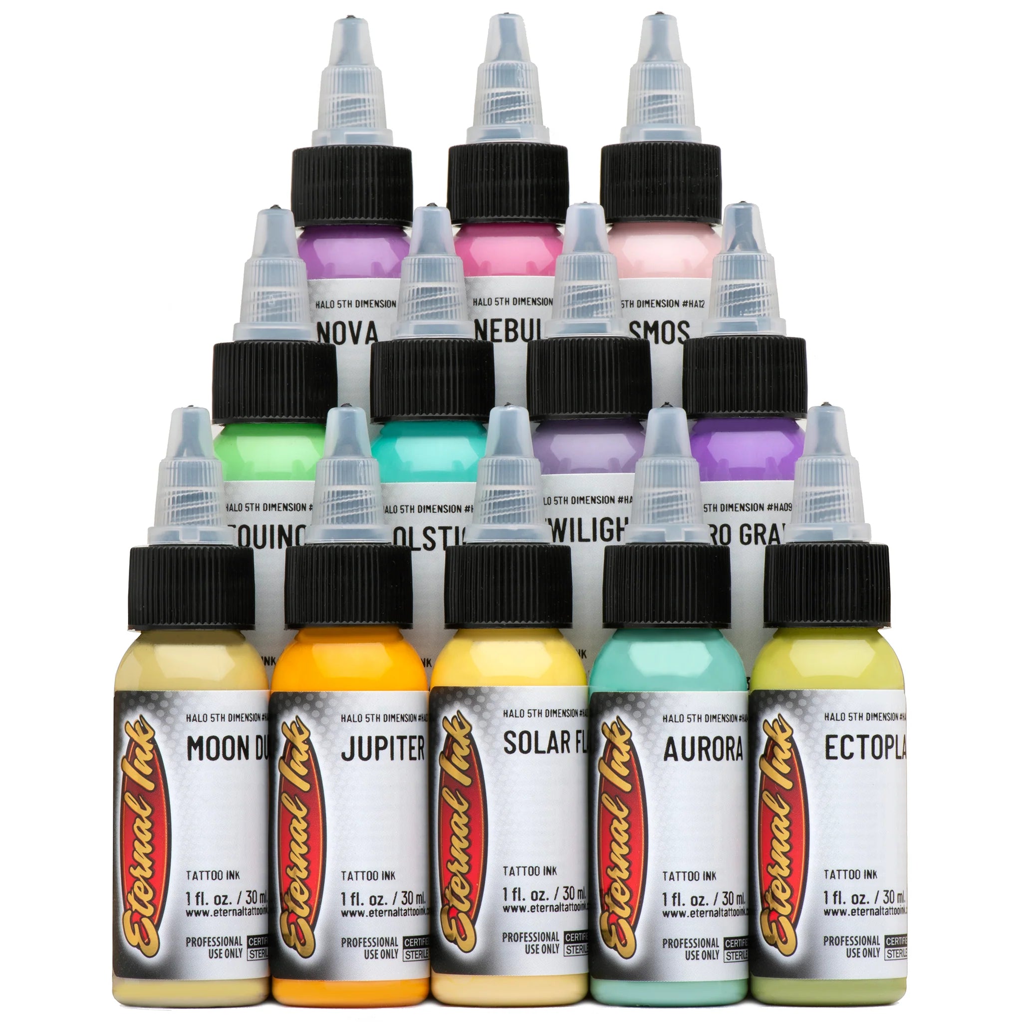 Coffret Eternal Ink Halo Fifth Dimension, les 12 flacons d'encre de tatouage de 1oz alignés — BNG Tattoo Supply