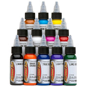 Eternal Ink Sample Set, the 12 1oz tattoo ink bottles lined up — BNG Tattoo Supply