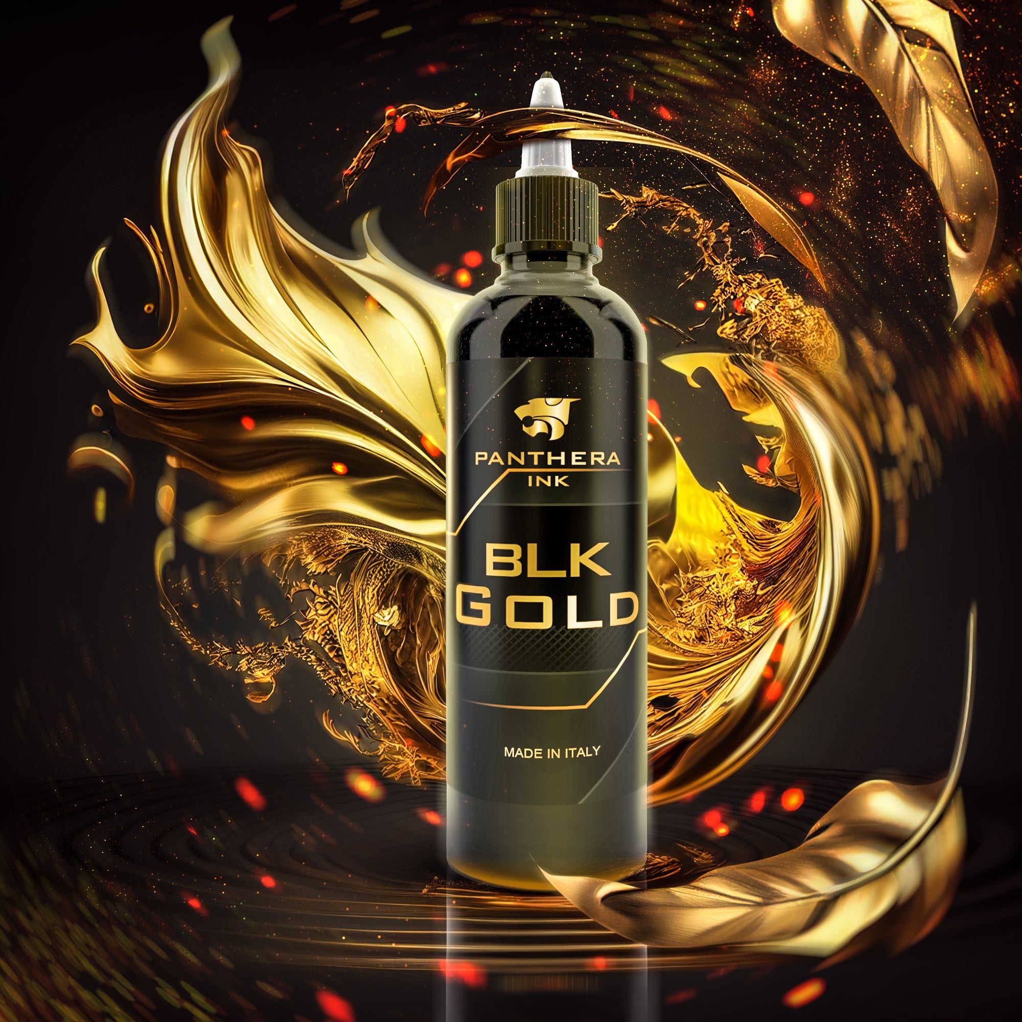 Panthera Black Gold tattoo ink bottle in a swirl of liquid gold, official Panthera visual