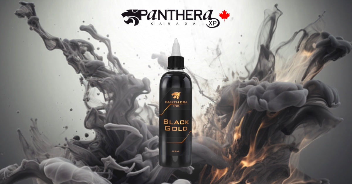 Panthera Black Gold ink bottle framed by swirls of grey ink, Panthera Canada banner