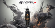 Panthera Black Gold ink bottle framed by swirls of grey ink, Panthera Canada banner